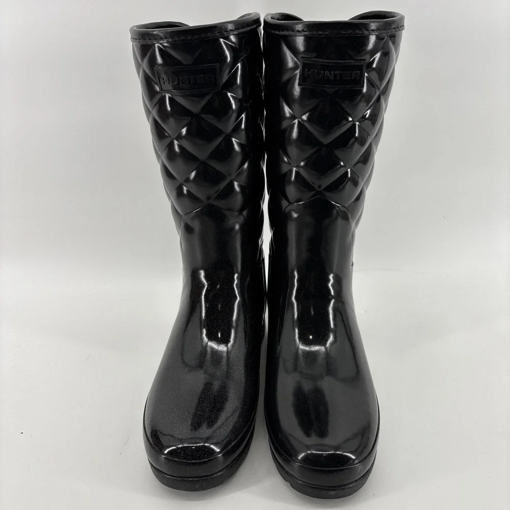 Hunter Refined Black Gloss Quilted Short Rain Boots Women's US 5 EU 36‎ Pull On